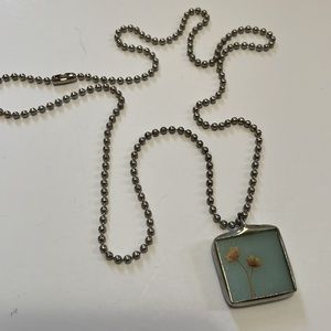 Artisan Pressed Flower Blue Necklace w/ Silver Ball Chain